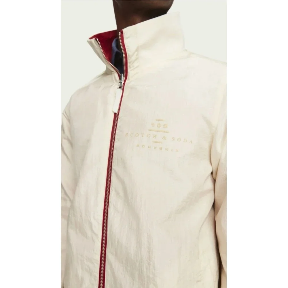 Scotch & Soda Men's Reversible High Neck Full Zip Jacket Overcoat Red Cream $200